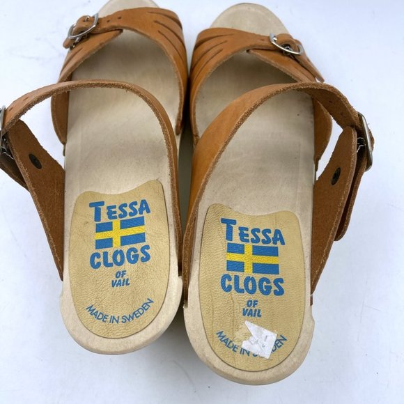 Tessa Clogs of Vail 6.5 M Tan Brown Leather Wood Sandals Made in Sweden EU 37 - Picture 5 of 13